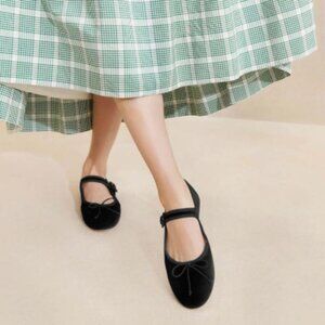 miss left Black Closed Round Toe Mary Jane Flats Bowknot Elastic Strap Shoes